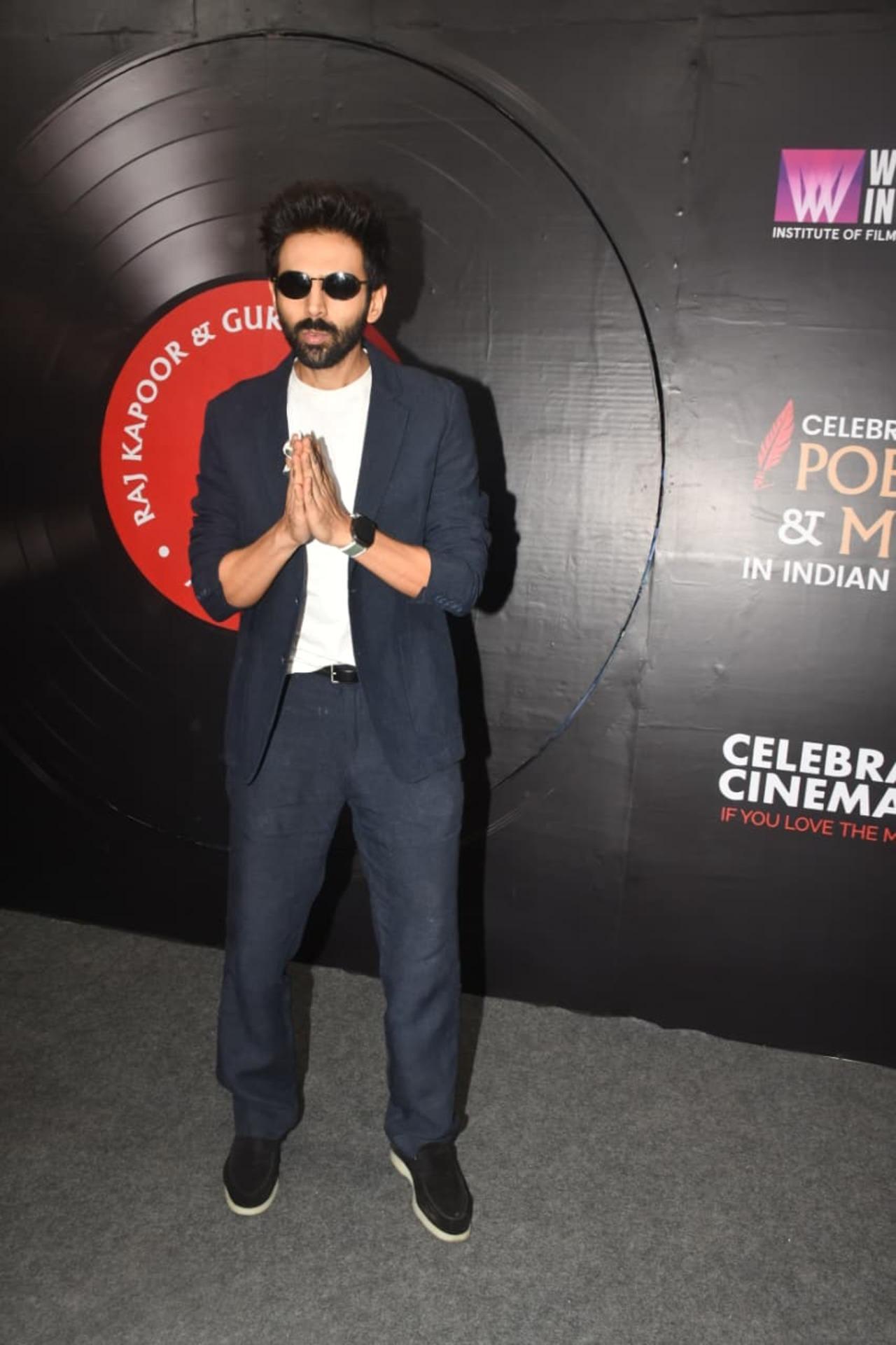 Kartik Aaryan was spotted attending an even in the city dressed casually in a black blazer atop a white t-shirt.